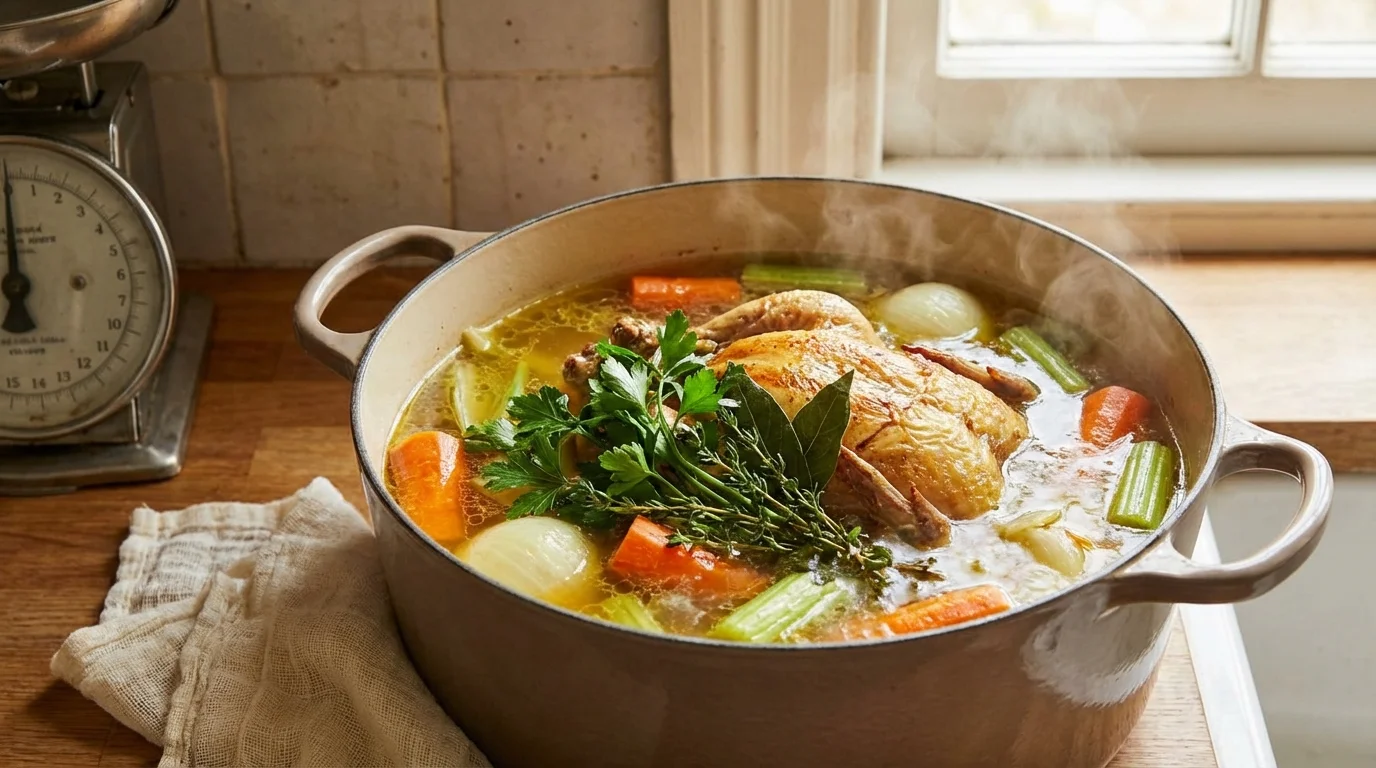 Bouillon de volaille maison : carcasse rôtie, aromates et 3 heures de mijotage