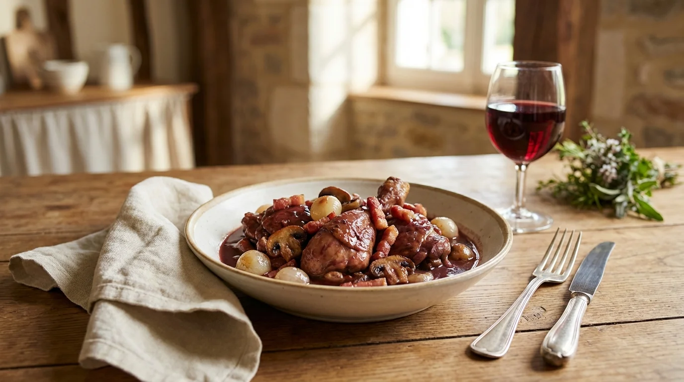 Coq au vin : marinade, flambage et cuisson lente au Pinot noir