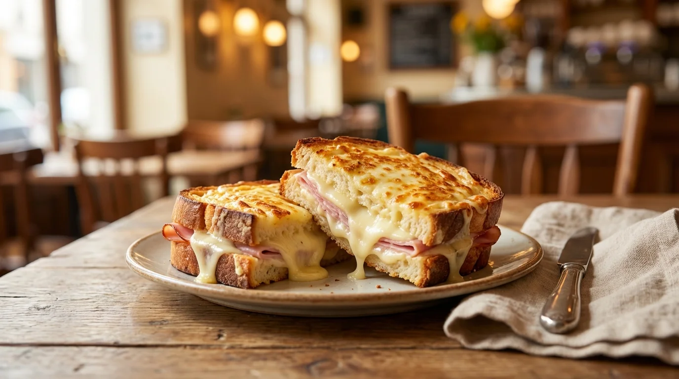 Croque-monsieur : béchamel à la muscade, jambon et gruyère gratinés