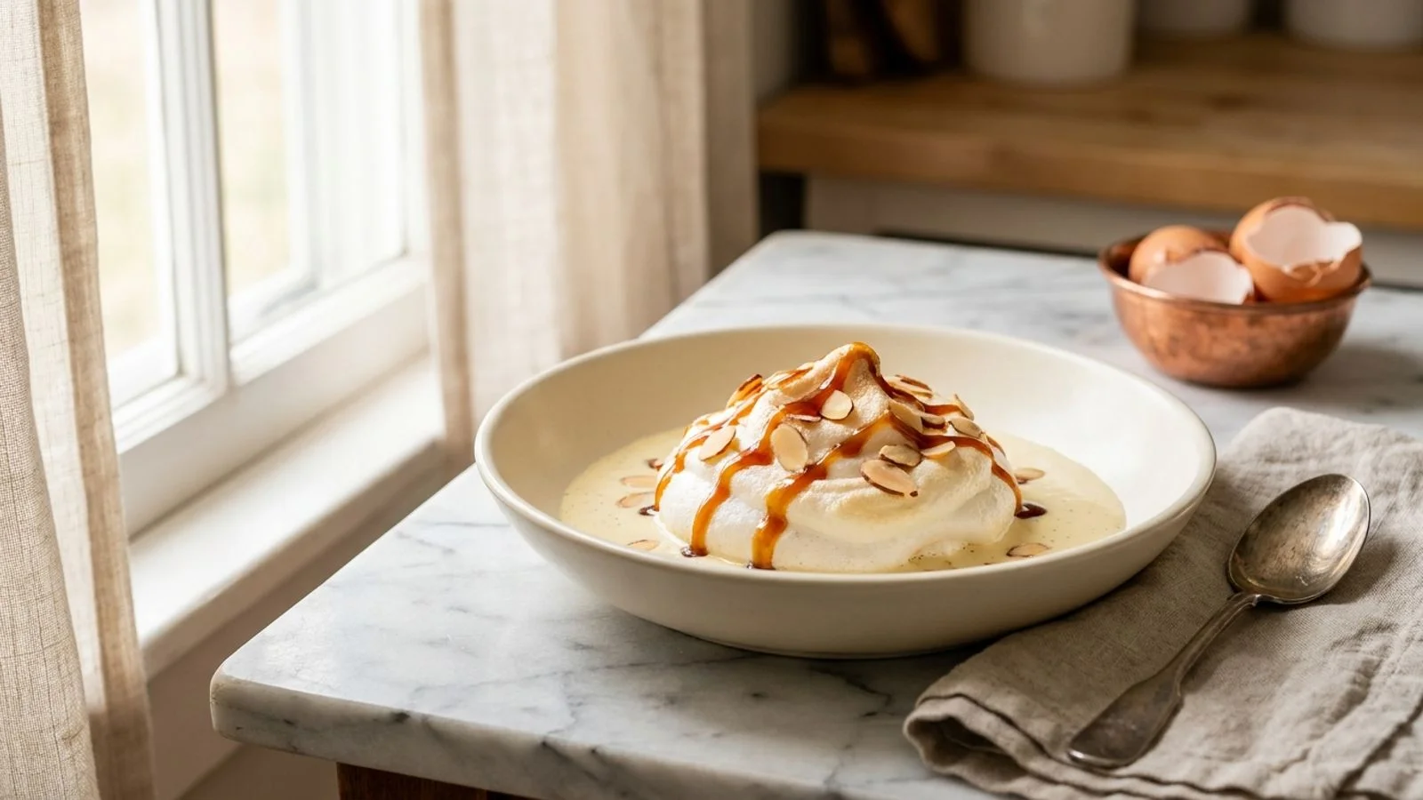 Île flottante : crème anglaise à la nappe et blancs qui tiennent