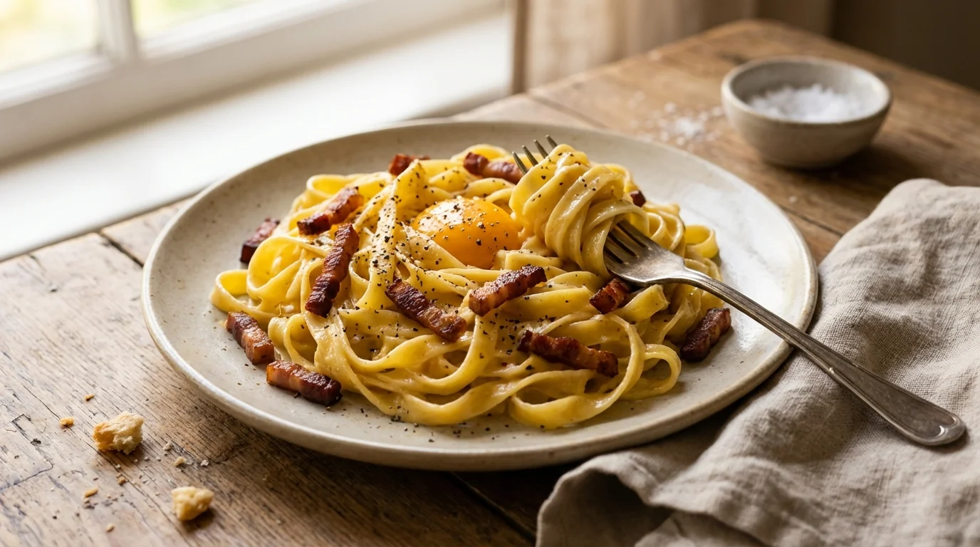 Pâtes à la carbonara française : lardons, crème fraîche et jaunes d'œufs