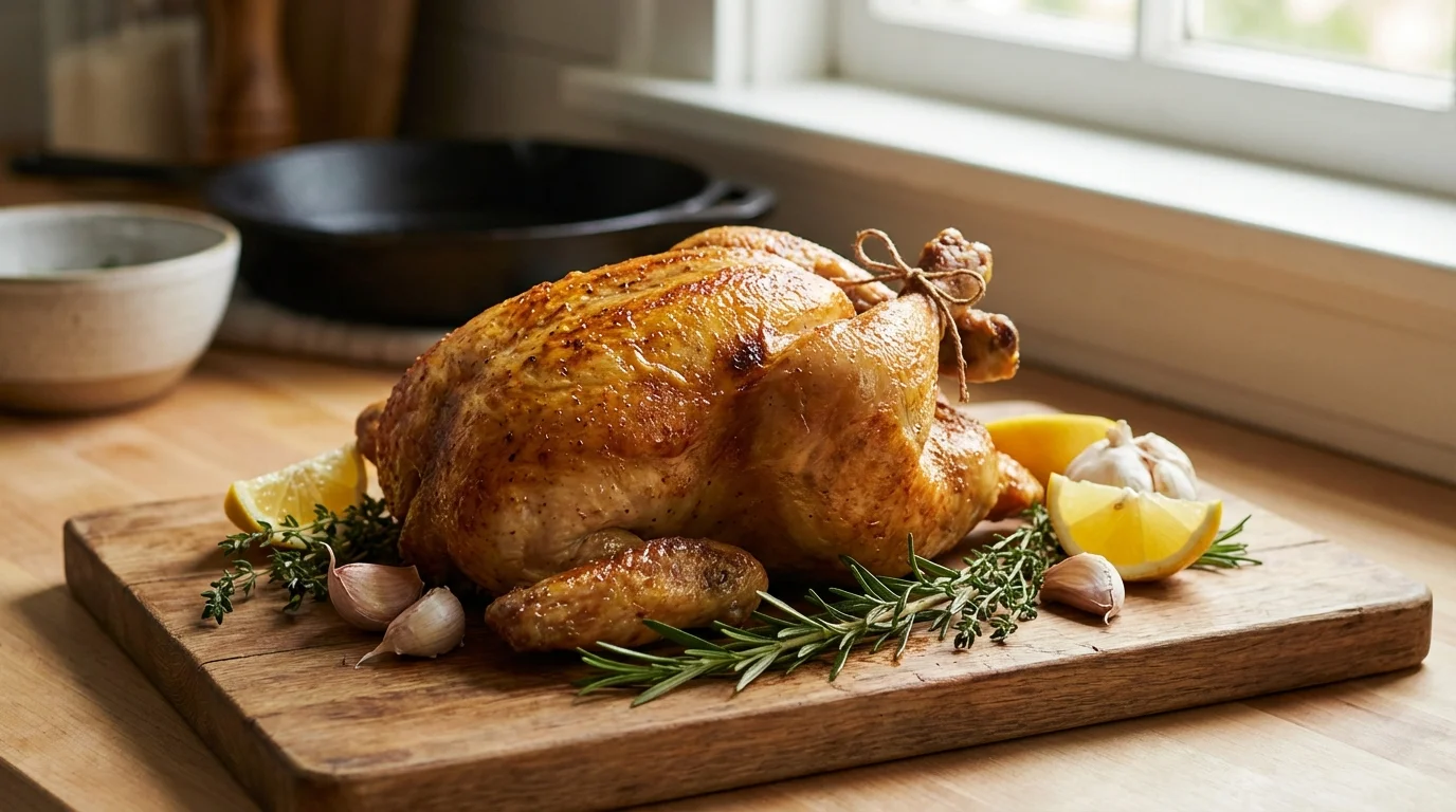 Poulet rôti : beurre sous la peau et jus de cuisson doré