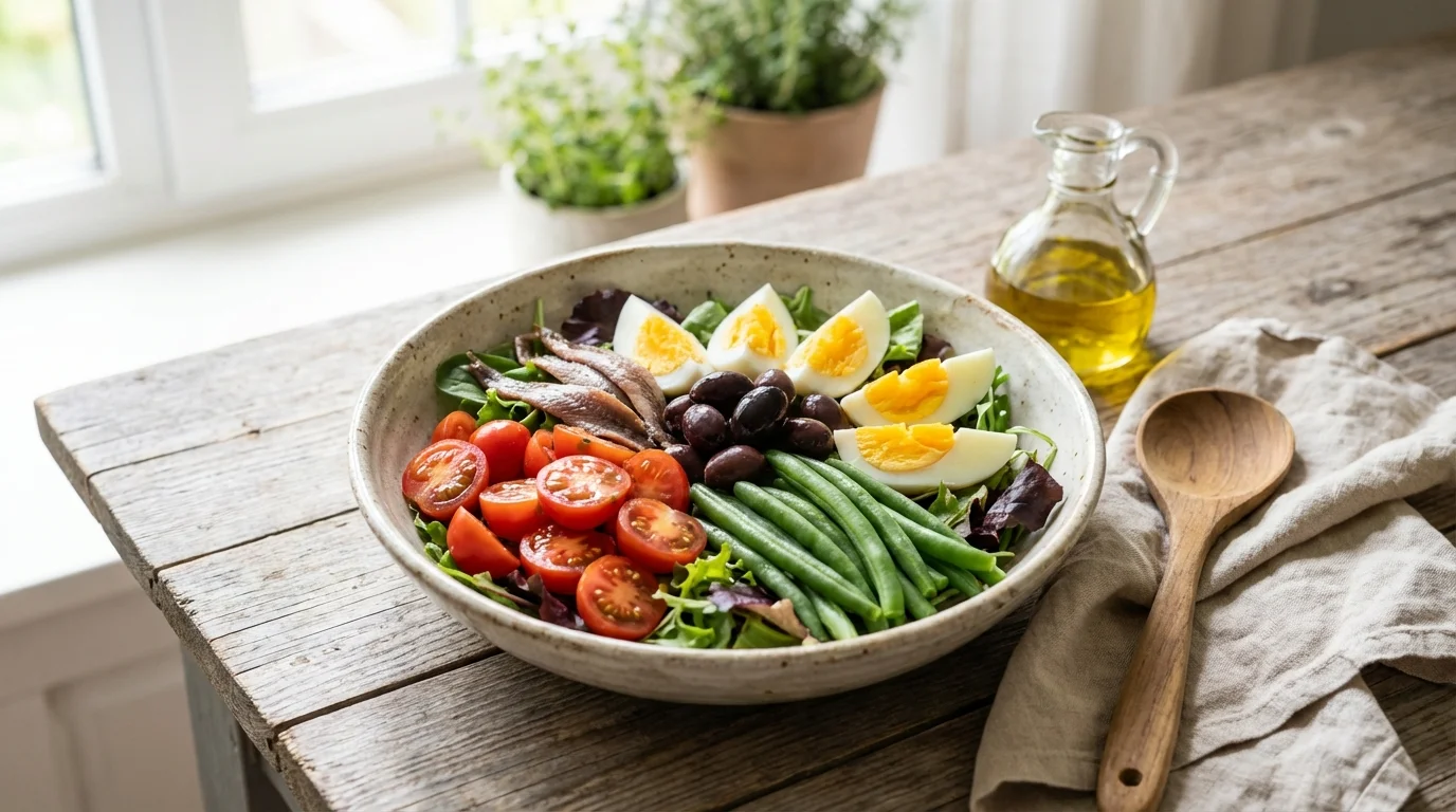 Salade niçoise express : thon, œuf dur, olives et anchois