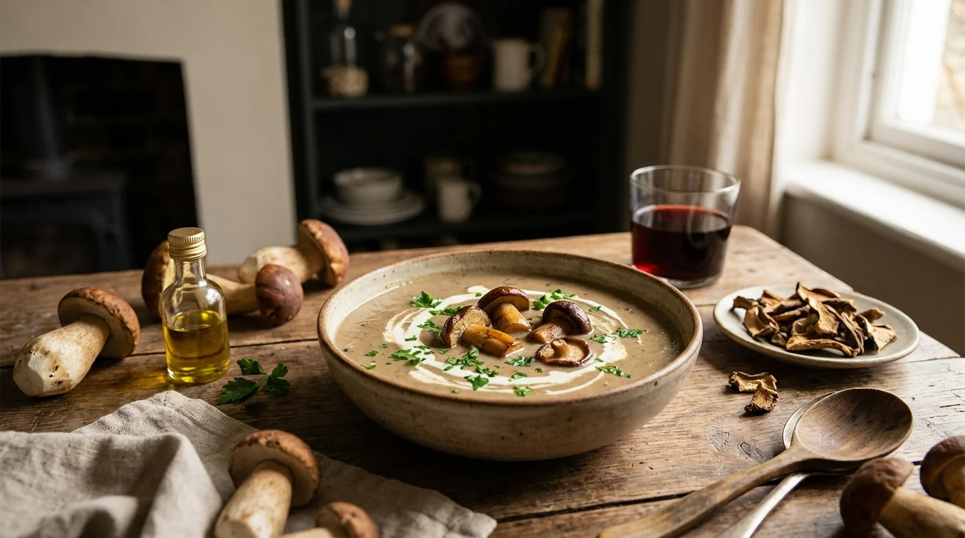 Velouté de champignons forestiers : cèpes, shiitakés et crème fraîche