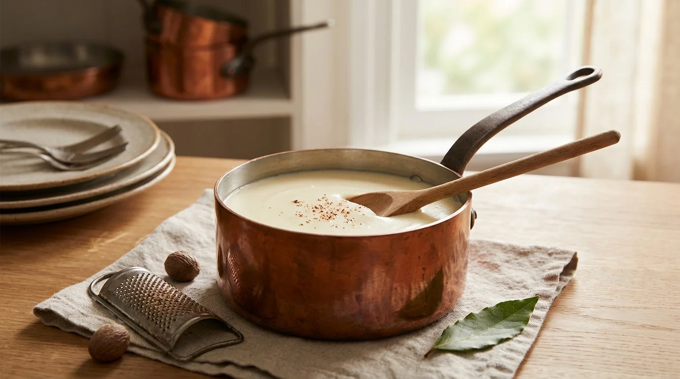 Béchamel : roux blanc, lait chaud et muscade pour zéro grumeau