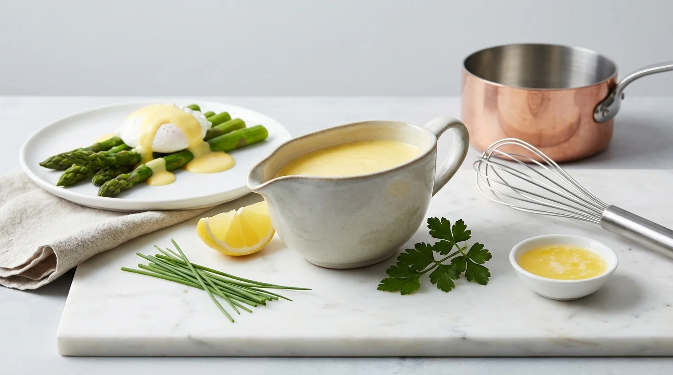 Sauce hollandaise : émulsion chaude au bain-marie, zone 50-60 °C