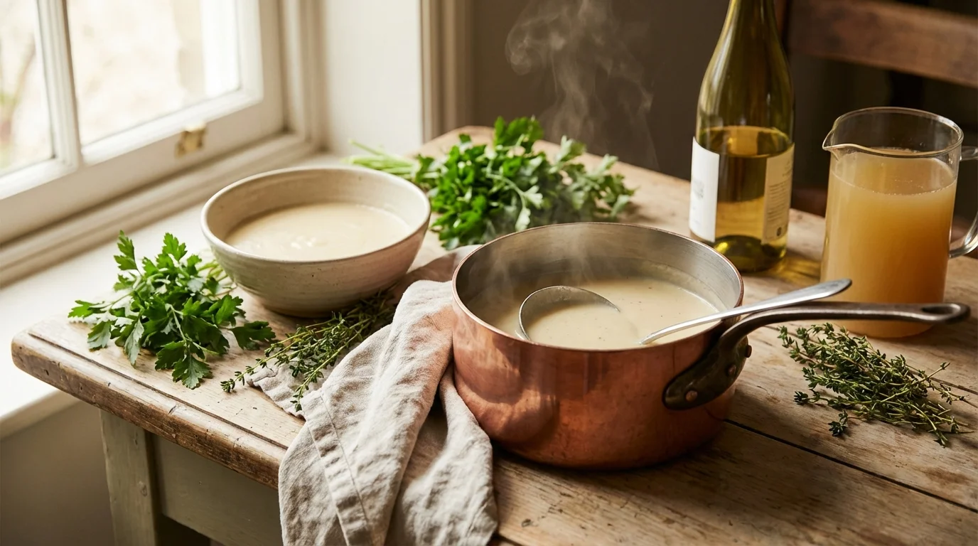 Velouté de volaille : fond blanc et roux pour une sauce soyeuse