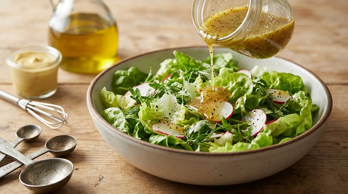Vinaigrette française : ratio 1:3, sel dans le vinaigre d'abord